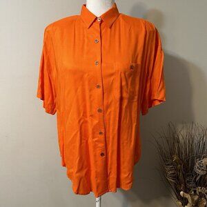 Vtg Basic Essentials Button Down Shirt Top Short Sleeve Orange Sz M Pocket Flaw
